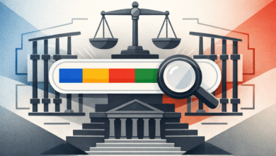 Illustration of a courthouse with a Google search bar and magnifying glass.