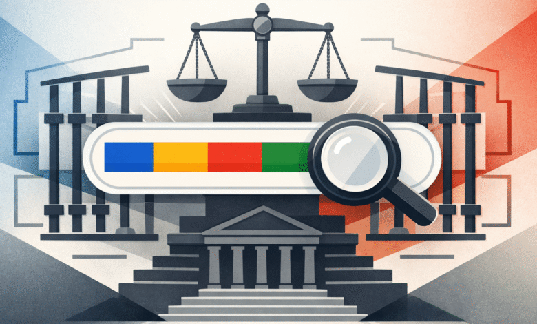 Illustration of a courthouse with a Google search bar and magnifying glass.