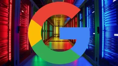 Google logo overlayed on a server room with colorful lights.