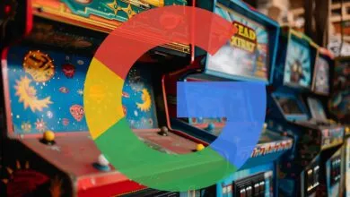 Row of vintage arcade games with a semi-transparent Google logo overlay.