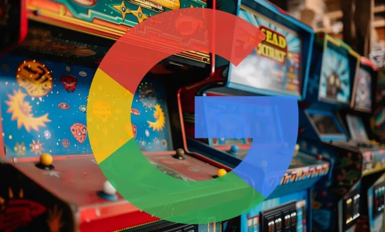 Row of vintage arcade games with a semi-transparent Google logo overlay.