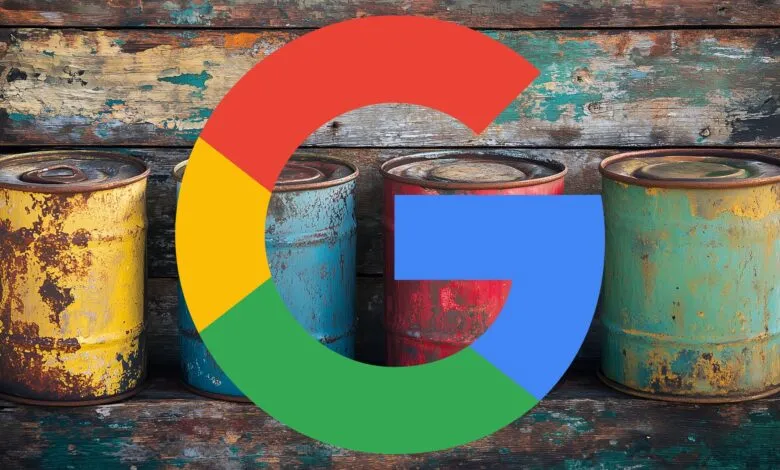 Four rusty cans with Google logo overlay, weathered background.
