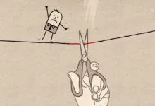 Cartoon man on tightrope as scissors cut the line, symbolizing risk.