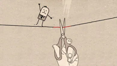 Cartoon man on tightrope as scissors cut the line, symbolizing risk.
