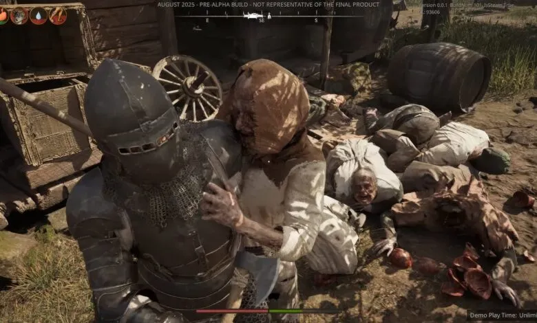 Knight in armor embraces a hooded figure amidst a scene of carnage and bodies.