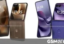 Two Motorola Razr+ (2024) foldable phones in brown and purple, partially open.