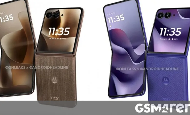 Two Motorola Razr+ (2024) foldable phones in brown and purple, partially open.