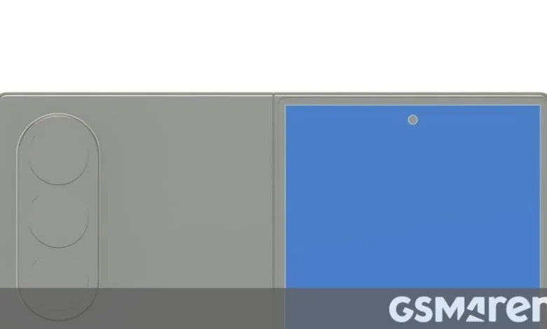 Foldable smartphone with triple camera system and blue screen.