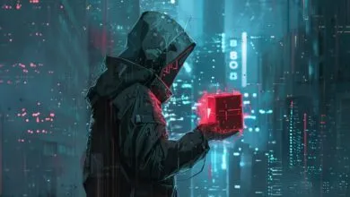 Person in hoodie holds glowing cube in futuristic city.