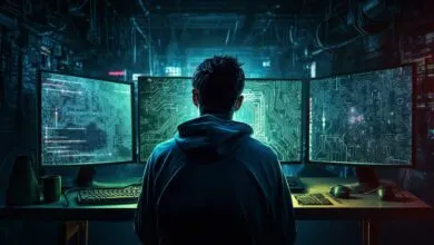 Person in hoodie facing three computer screens displaying circuit diagrams.