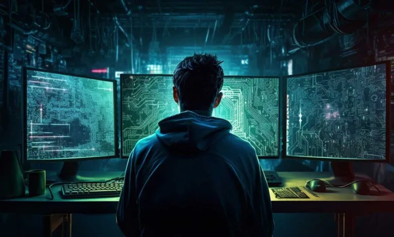 Person in hoodie facing three computer screens displaying circuit diagrams.