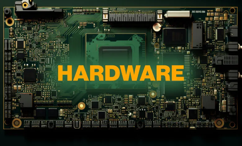 Close-up of a complex green circuit board with the word 'HARDWARE' in orange text.