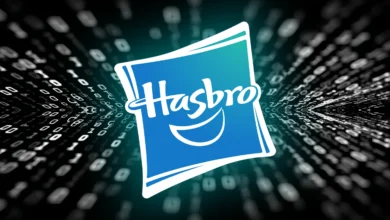 Hasbro logo against a digital background of binary code.