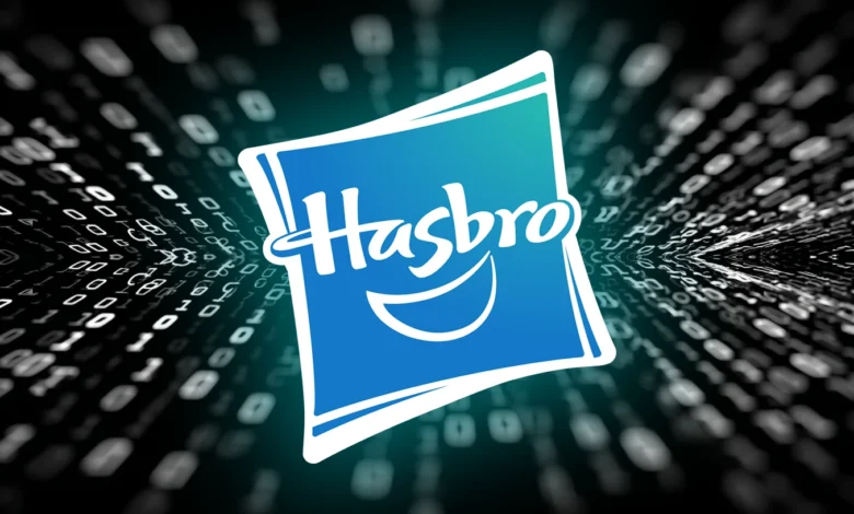 Hasbro logo against a digital background of binary code.