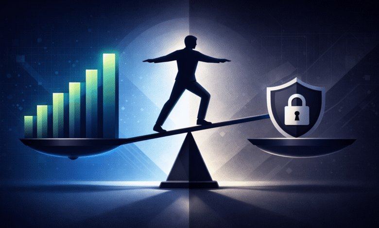 Silhouette balancing on seesaw with growth chart and security shield.