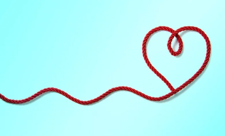 Red rope shaped into a heart on a light blue background.