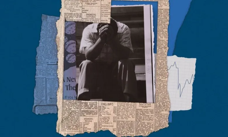 Collage of job ads and a person with head in hands, symbolizing job loss.