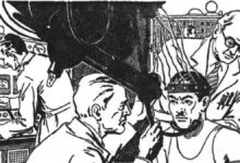 Retro illustration of scientists conducting experiment on man with headgear.