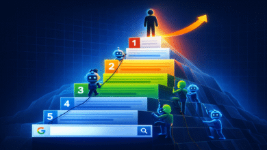 Robots and humans climb a staircase representing Google search rankings.