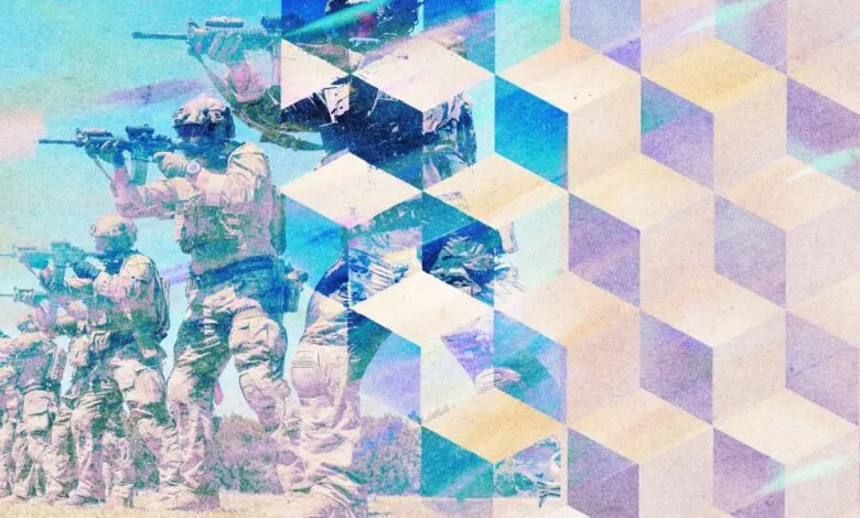 Row of soldiers firing rifles, overlaid with geometric cube pattern.