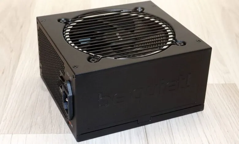 Black be quiet! PC power supply unit with fan grill.