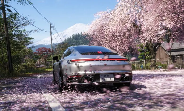 Silver Porsche Carrera S driving on road covered in pink cherry blossom petals.