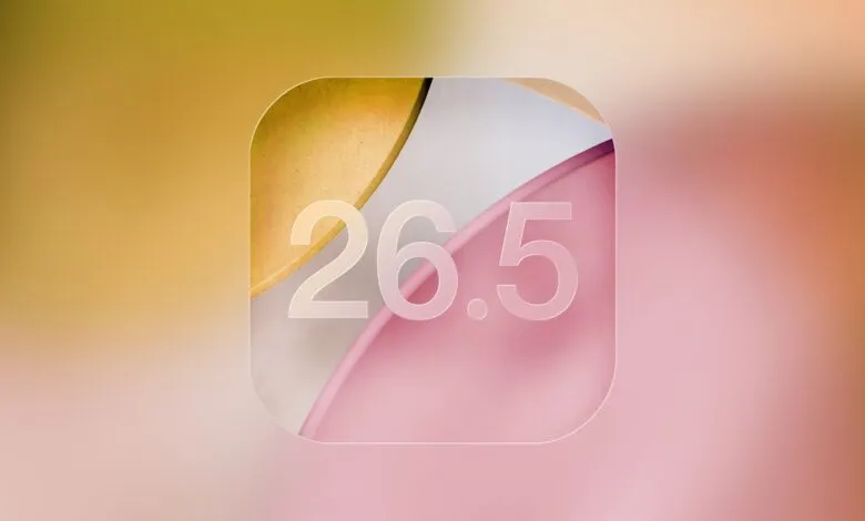 Abstract icon with '26.5' in frosted glass effect on warm gradient background.