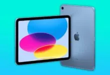 Two blue Apple iPads, one showing a colorful screen.