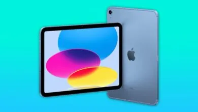 Two blue Apple iPads, one showing a colorful screen.