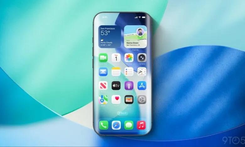 iPhone screen displaying iOS interface with widgets and app icons.