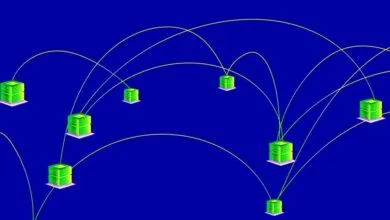 Network of green server cubes connected by yellow lines on blue background.
