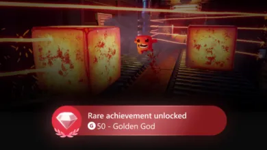 Super Meat Boy Forever character jumps between deadly cubes, achievement unlocked.