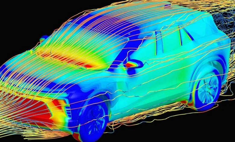 Car model with airflow simulation, showing aerodynamic performance.