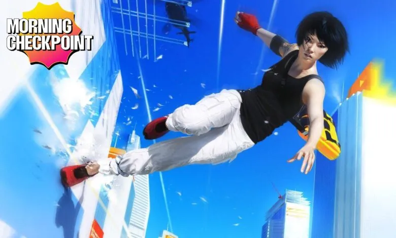 Faith Connors leaps across rooftops in Mirror's Edge, red shoes and gloves stand out.
