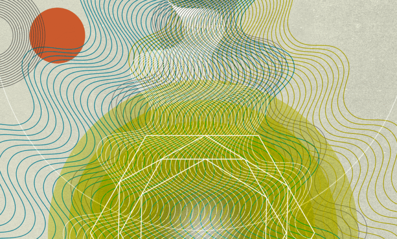 Abstract art with circles, waves, and geometric shapes in muted colors.