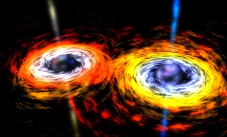 Two swirling black holes with colorful accretion disks and bright jets.