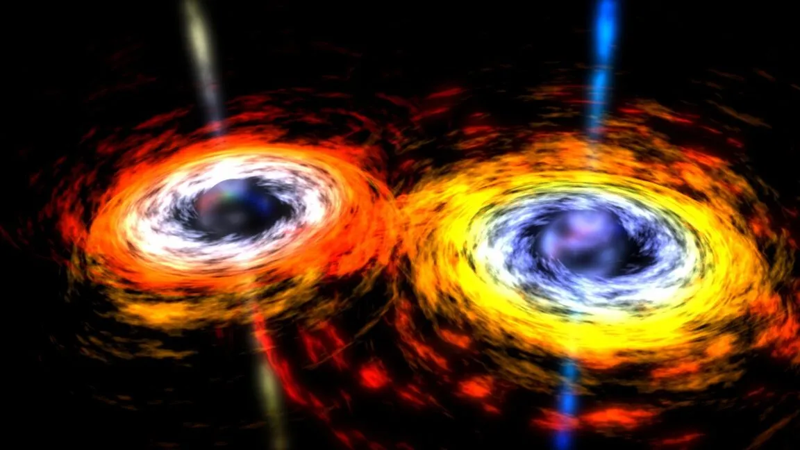 Two swirling black holes with colorful accretion disks and bright jets.
