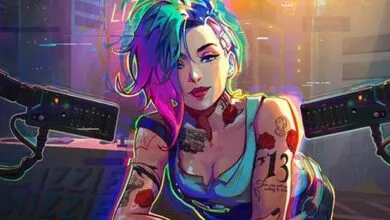 Cyberpunk-style woman with colorful hair and tattoos in a futuristic setting.