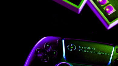 Gaming controller with neon green and purple accents on a black background.