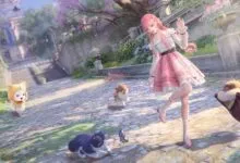 Anime girl in pink dress surrounded by cute animals in a park setting.