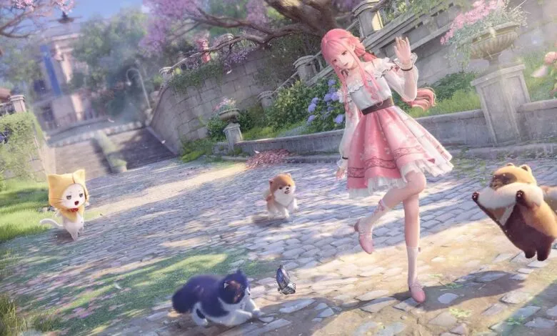 Anime girl in pink dress surrounded by cute animals in a park setting.