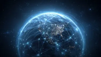 Earth globe with glowing network connections over North America.