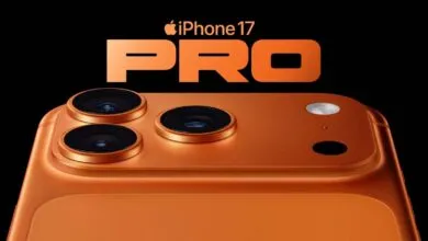 Orange iPhone 17 Pro with triple-lens camera system on a black background.