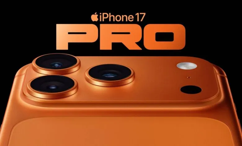 Orange iPhone 17 Pro with triple-lens camera system on a black background.