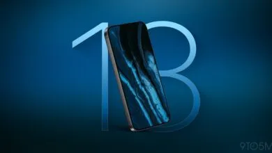 iPhone 18 mockup with a blue abstract wallpaper on a blue background.