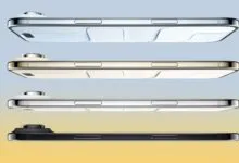 Four smartphones in different colors stacked showing side buttons and camera.