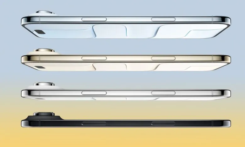 Four smartphones in different colors stacked showing side buttons and camera.