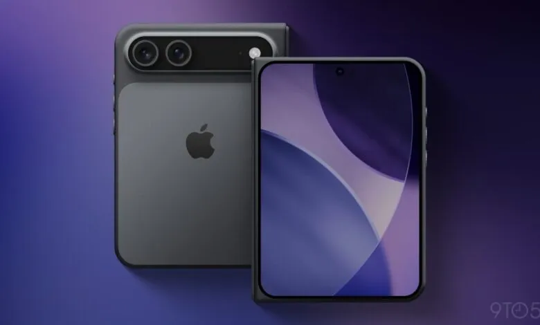 Foldable iPhone concept with dual cameras and Apple logo.