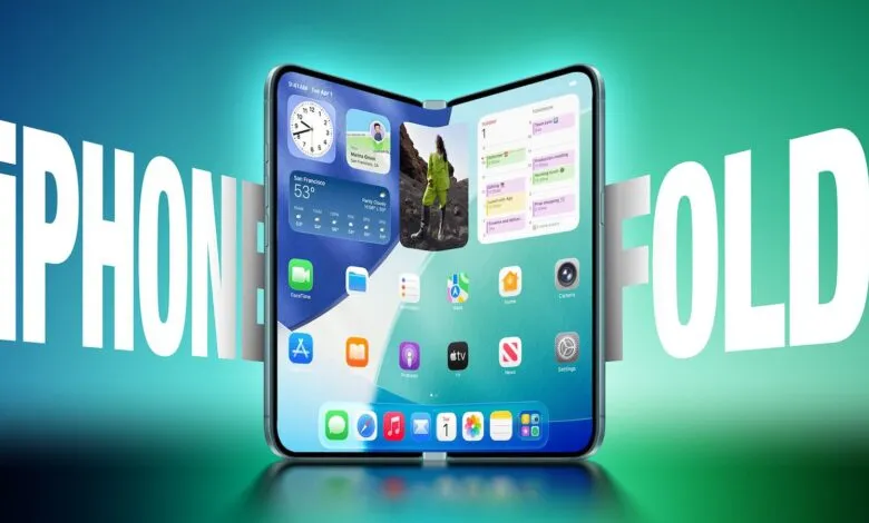 Foldable iPhone concept showing split screen with widgets and apps.