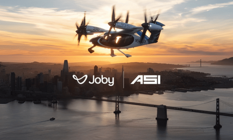 Joby eVTOL aircraft flying over San Francisco Bay at sunset.